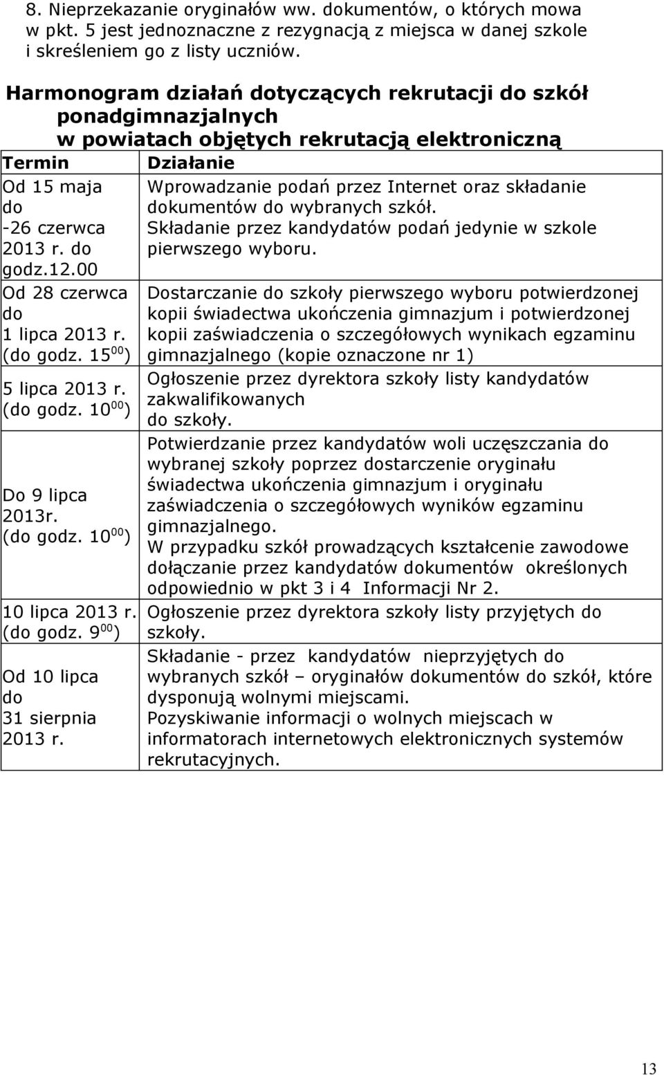 00 Od 28 czerwca do 1 lipca 2013 r. (do godz. 15 00 ) 5 lipca 2013 r. (do godz. 10 00 ) Do 9 lipca 2013r. (do godz. 10 00 ) 10 lipca 2013 r. (do godz. 9 00 ) Od 10 lipca do 31 sierpnia 2013 r.