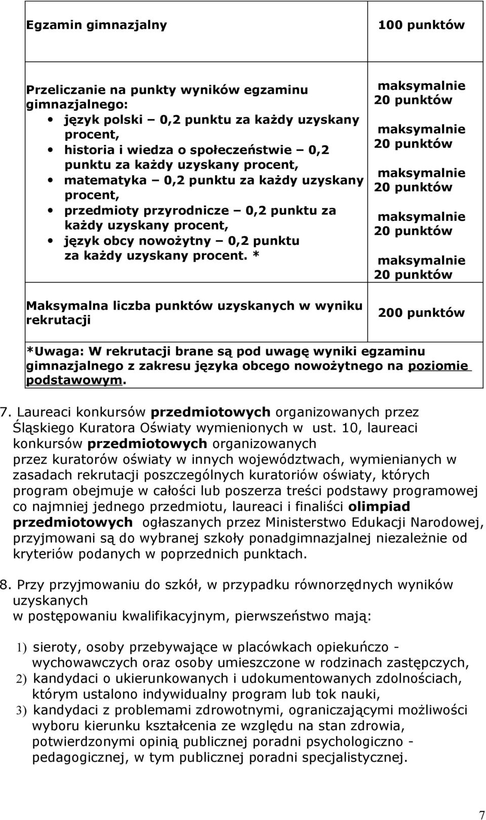 * Maksymalna liczba punktów uzyskanych w wyniku rekrutacji maksymalnie 20 punktów maksymalnie 20 punktów maksymalnie 20 punktów maksymalnie 20 punktów maksymalnie 20 punktów 200 punktów *Uwaga: W