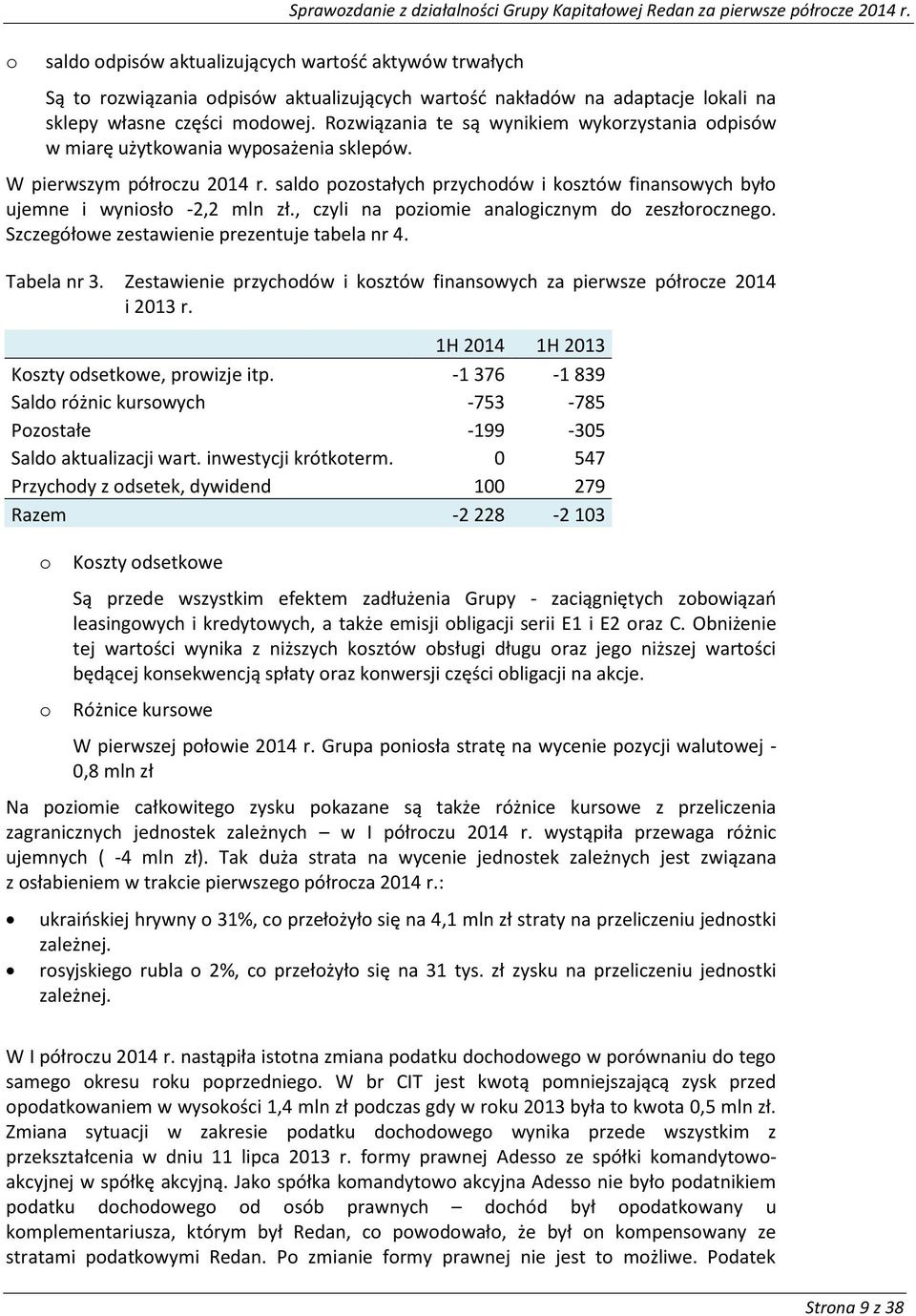 W pierwszym półrczu 2014 r. sald pzstałych przychdów i ksztów finanswych był ujemne i wynisł -2,2 mln zł., czyli na pzimie analgicznym d zeszłrczneg. Szczegółwe zestawienie prezentuje tabela nr 4.