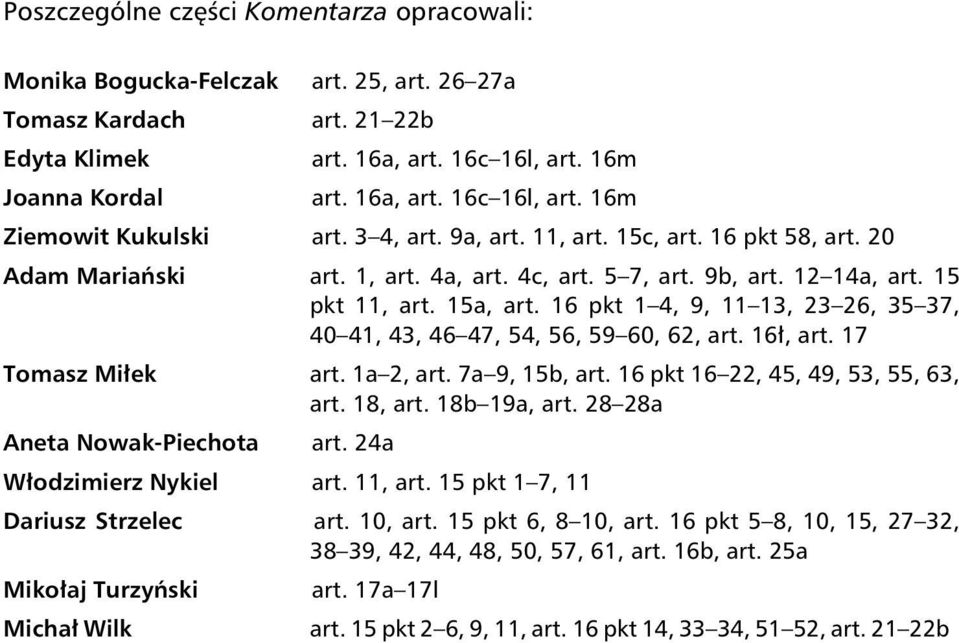 16 pkt 1 4, 9, 11 13, 23 26, 35 37, 40 41, 43, 46 47, 54, 56, 59 60, 62, art. 16ł, art. 17 Tomasz Miłek art. 1a 2, art. 7a 9, 15b, art. 16 pkt 16 22, 45, 49, 53, 55, 63, art. 18, art. 18b 19a, art.