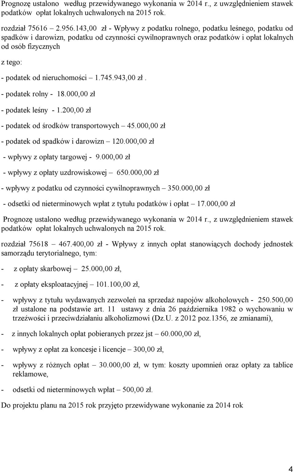 nieruchomości 1.745.943,00 zł. - podatek rolny - 18.000,00 zł - podatek leśny - 1.200,00 zł - podatek od środków transportowych 45.000,00 zł - podatek od spadków i darowizn 120.