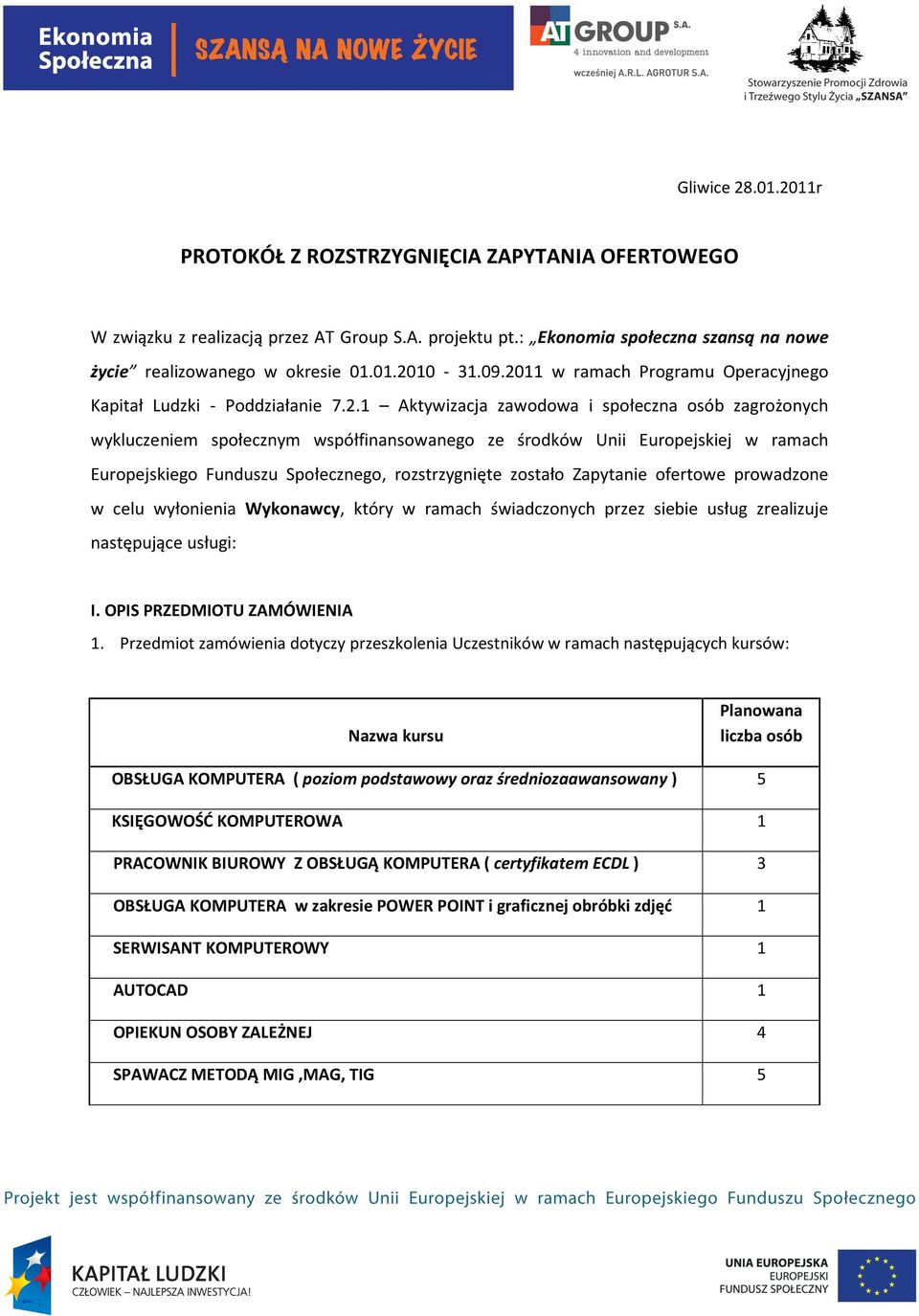 ramach Europejskiego Funduszu Społecznego, rozstrzygnięte zostało Zapytanie ofertowe prowadzone w celu wyłonienia Wykonawcy, który w ramach świadczonych przez siebie usług zrealizuje następujące