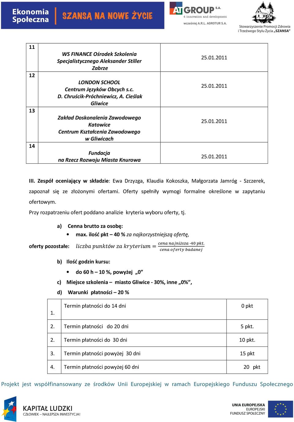 Zespół oceniający w składzie: Ewa Drzyzga, Klaudia Kokoszka, Małgorzata Jamróg - Szczerek, zapoznał się ze złożonymi ofertami. Oferty spełniły wymogi formalne określone w zapytaniu ofertowym.