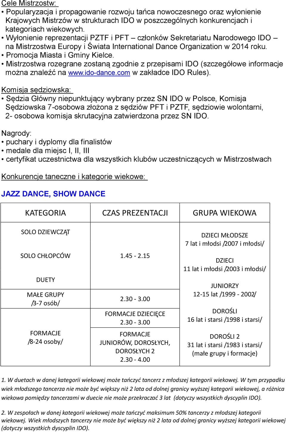 Mistrzostwa rozegrane zostaną zgodnie z przepisami IDO (szczegółowe informacje można znaleźć na www.ido-dance.com w zakładce IDO Rules).