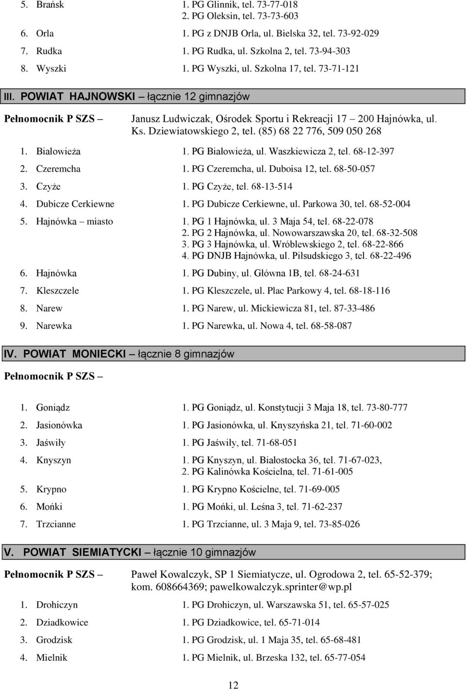 (85) 68 22 776, 509 050 268 1. Białowieża 1. PG Białowieża, ul. Waszkiewicza 2, tel. 68-12-397 2. Czeremcha 1. PG Czeremcha, ul. Duboisa 12, tel. 68-50-057 3. Czyże 1. PG Czyże, tel. 68-13-514 4.