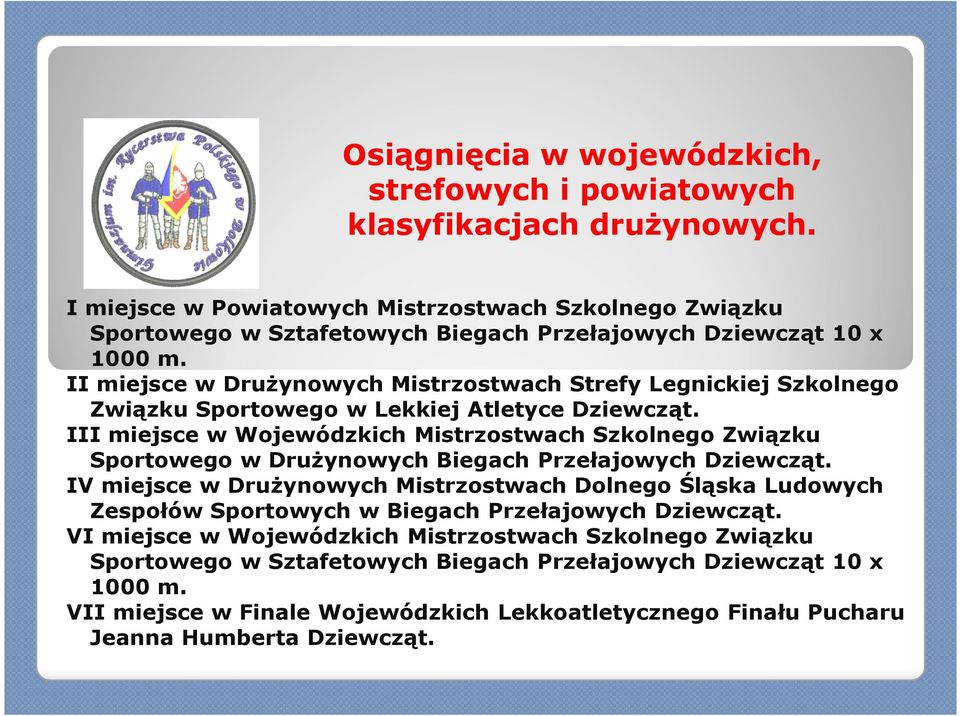 II miejsce w Drużynowych Mistrzostwach Strefy Legnickiej Szkolnego Związku Sportowego w Lekkiej Atletyce Dziewcząt.