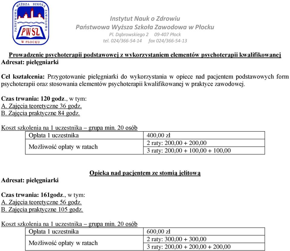 , w tym: A. Zajęcia teoretyczne 36 godz. B. Zajęcia praktyczne 84 godz.