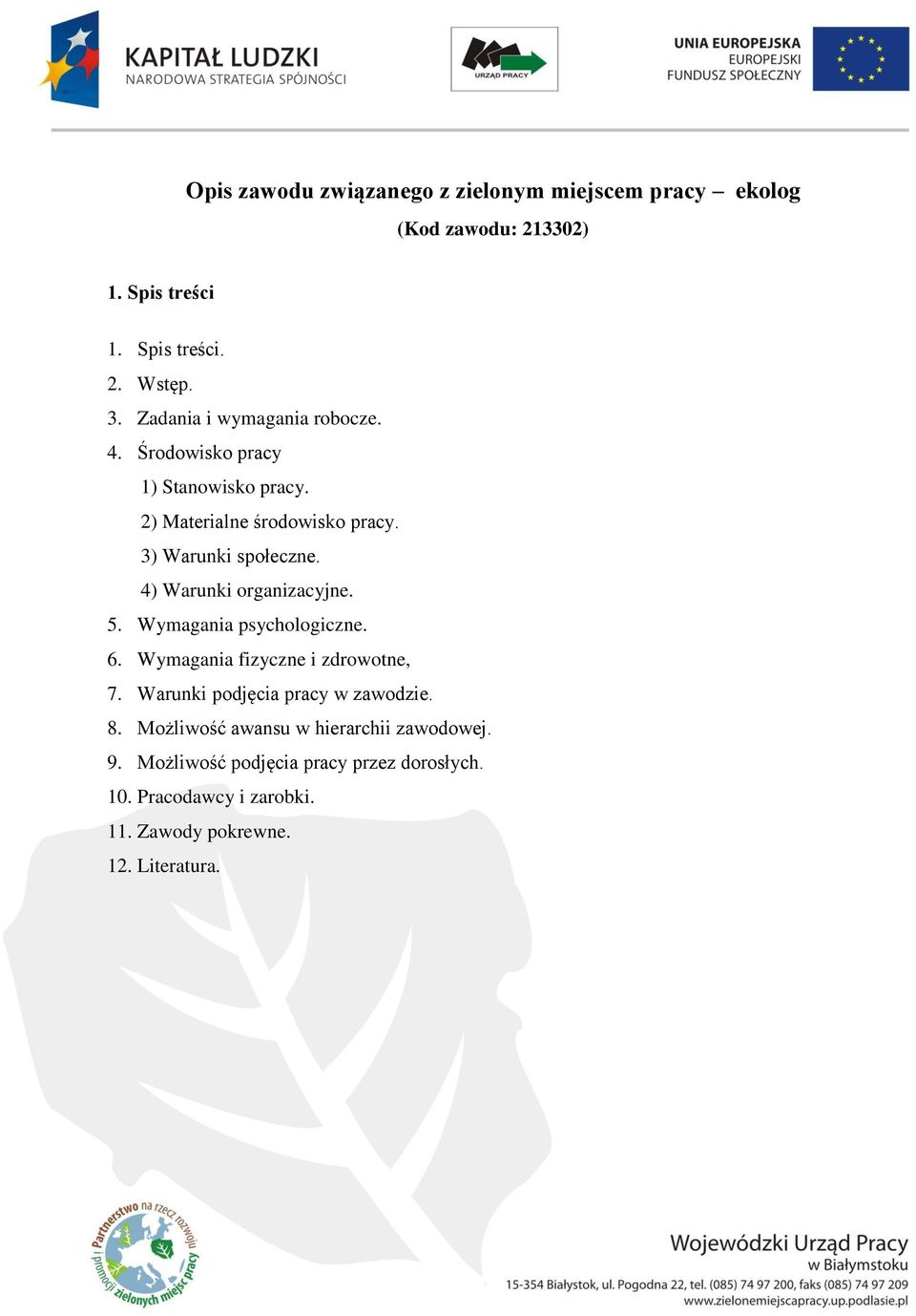 4) Warunki organizacyjne. 5. Wymagania psychologiczne. 6. Wymagania fizyczne i zdrowotne, 7. Warunki podjęcia pracy w zawodzie. 8.