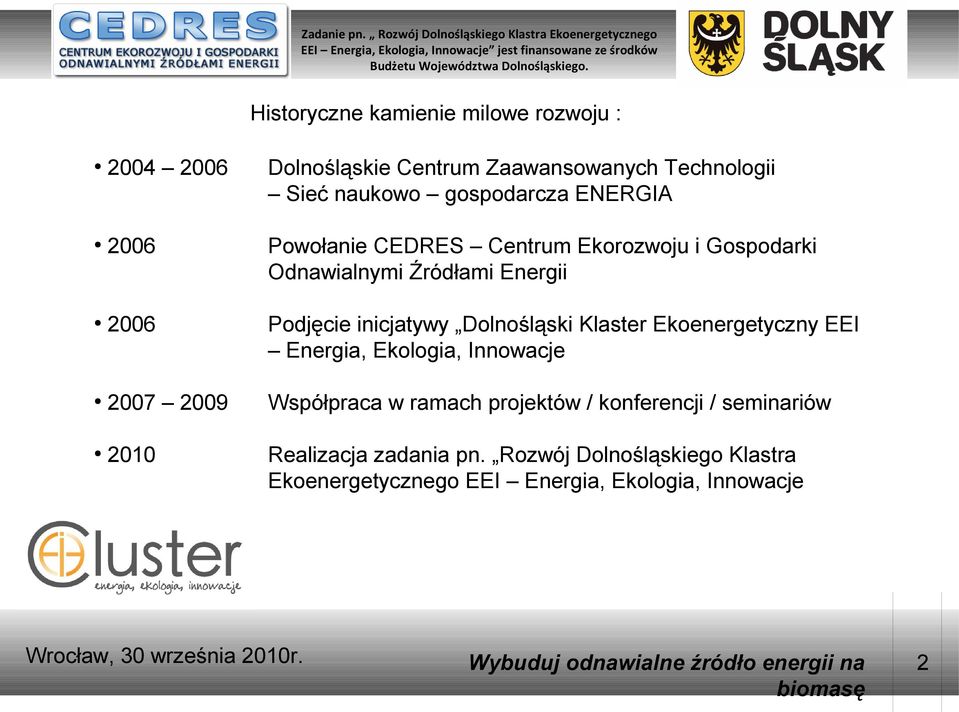Energii 2006 Podjęcie inicjatywy Dolnośląski Klaster Ekoenergetyczny EEI 2007 2009 Współpraca w ramach