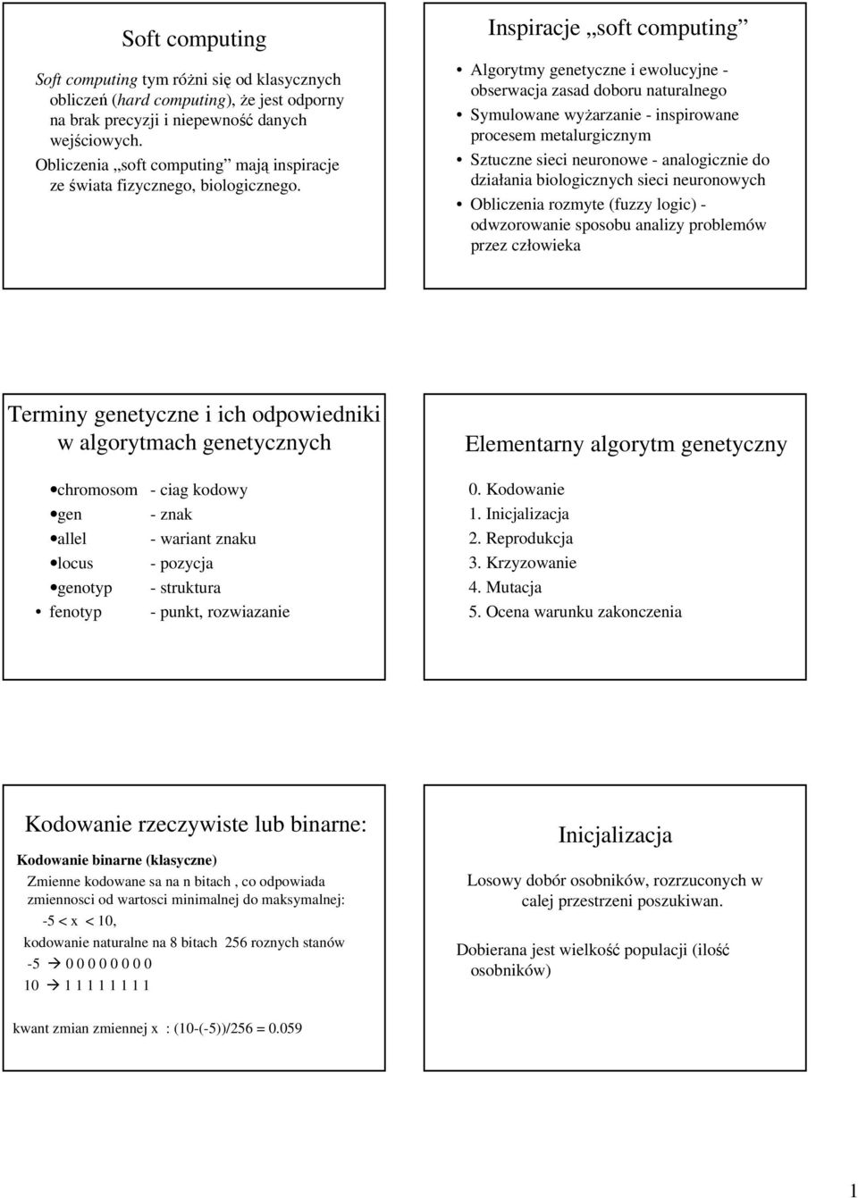 Inspiracje soft computing Algorytmy genetyczne i ewolucyjne - obserwacja zasad doboru naturalnego Symulowane wyŝarzanie - inspirowane procesem metalurgicznym Sztuczne sieci neuronowe - analogicznie