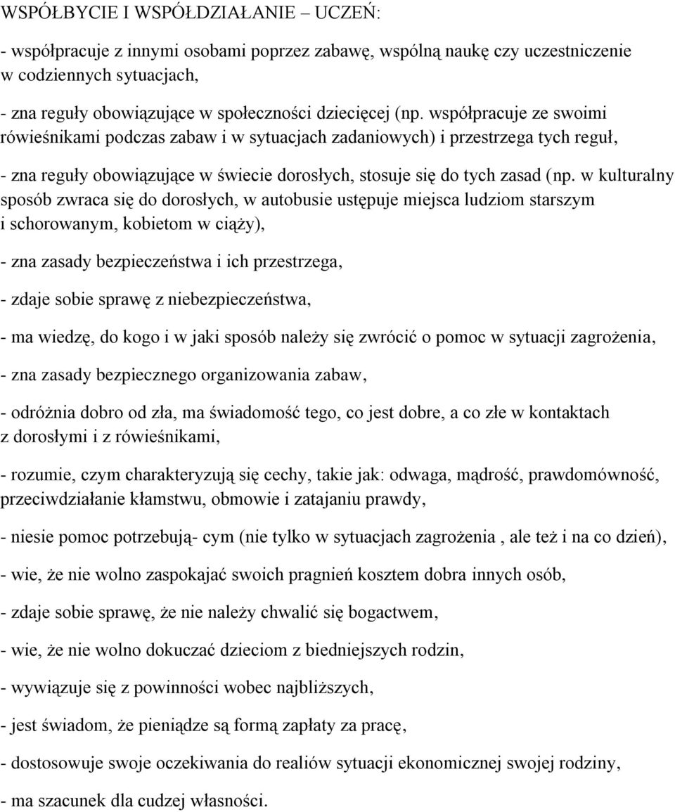 w kulturalny sposób zwraca się do dorosłych, w autobusie ustępuje miejsca ludziom starszym i schorowanym, kobietom w ciąży), - zna zasady bezpieczeństwa i ich przestrzega, - zdaje sobie sprawę z