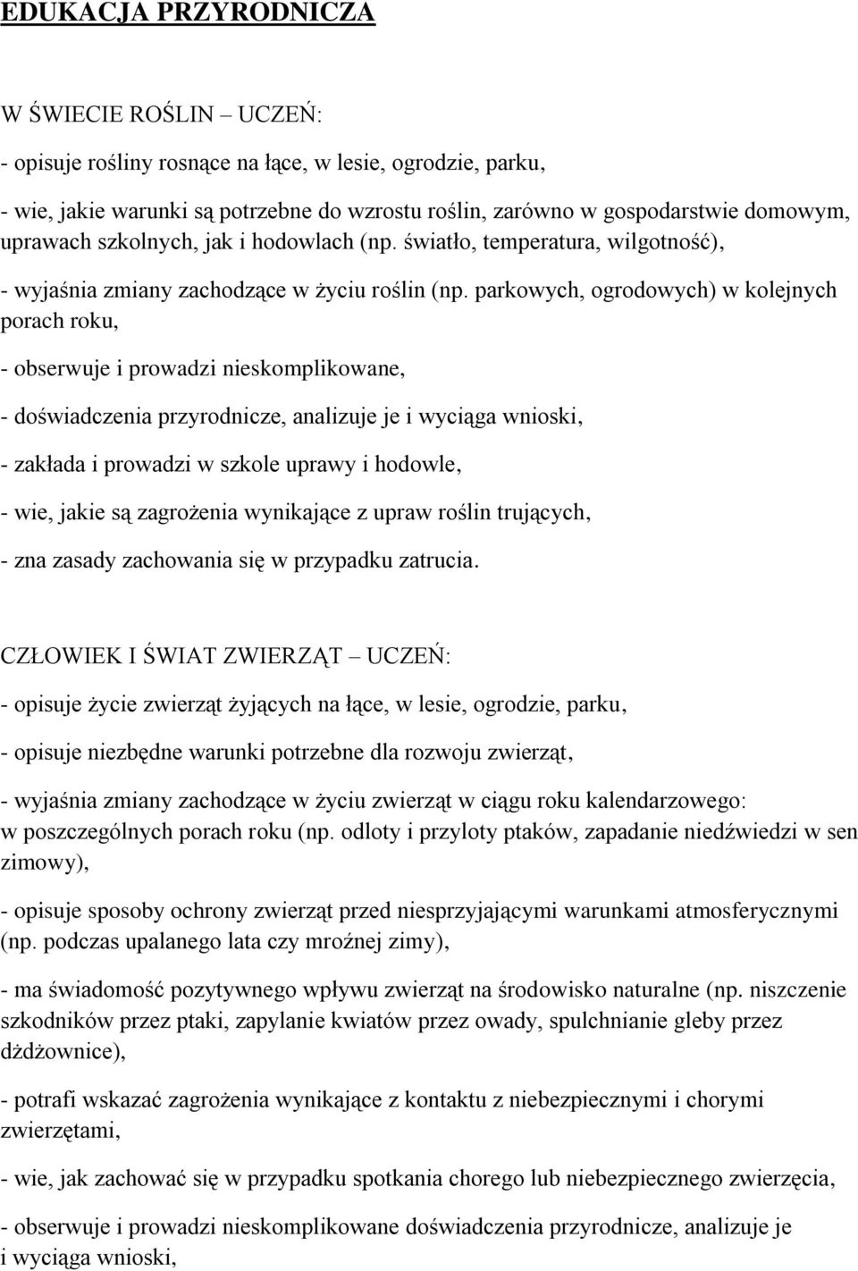 parkowych, ogrodowych) w kolejnych porach roku, - obserwuje i prowadzi nieskomplikowane, - doświadczenia przyrodnicze, analizuje je i wyciąga wnioski, - zakłada i prowadzi w szkole uprawy i hodowle,