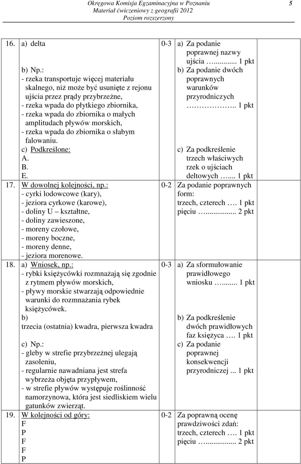 : - cyrki lodowcowe (kary), - jeziora cyrkowe (karowe), - doliny U kształtne, - doliny zawieszone, - moreny czołowe, - moreny boczne, - moreny denne, - jeziora morenowe. 18. a) Wniosek, np.