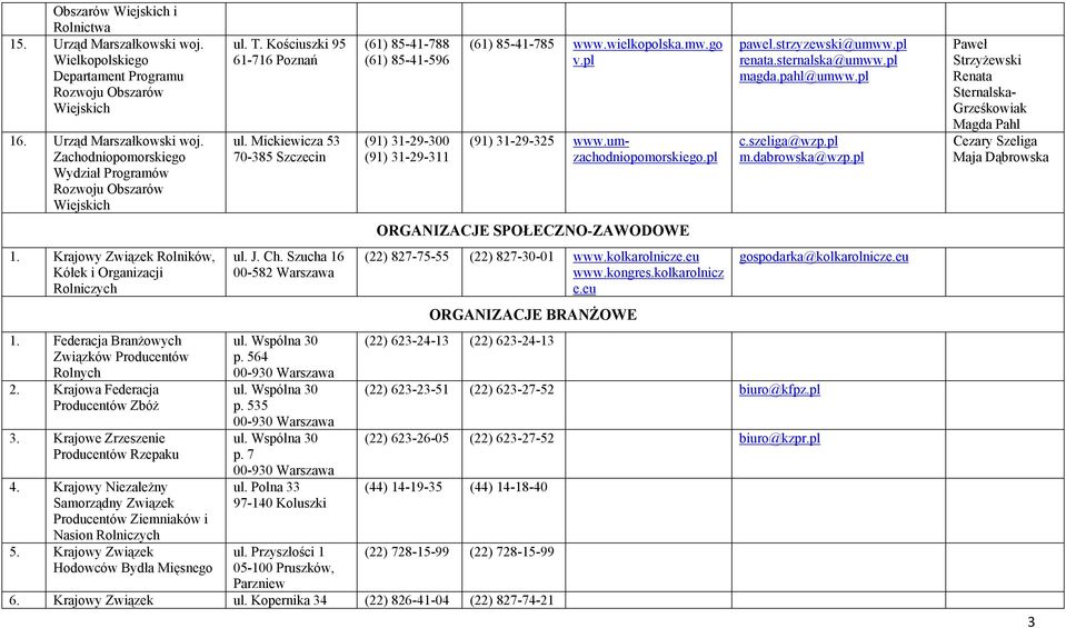 Krajowy Niezależny Samorządny Związek Producentów Ziemniaków i Nasion Rolniczych 5. Krajowy Związek Hodowców Bydła Mięsnego ul. T. Kościuszki 95 61-716 Poznań ul. Mickiewicza 53 70-385 Szczecin ul. J.