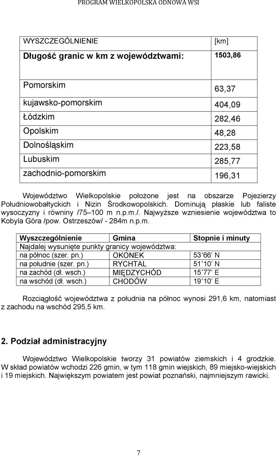 5 100 m n.p.m./. NajwyŜsze wzniesienie województwa to Kobyla Góra /pow. Ostrzeszów/ - 284m n.p.m. Wyszczególnienie Gmina Stopnie i minuty Najdalej wysunięte punkty granicy województwa: na północ (szer.