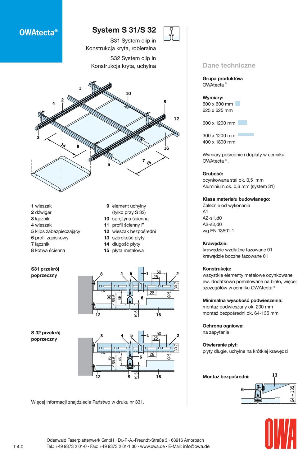 0,6 mm (system 31) 1 wieszak 2 dźwigar 3 łącznik 4 wieszak 5 klips zabezpieczający 6 profil zaciskowy 7 łącznik 8 kotwa ścienna 9 element uchylny (tylko przy S 32) 10 sprężyna ścienna 11 profil