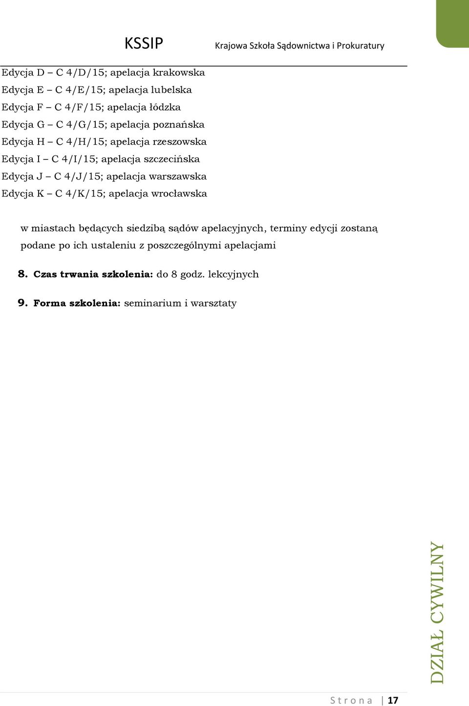 warszawska Edycja K C 4/K/15; apelacja wrocławska w miastach będących siedzibą sądów apelacyjnych, terminy edycji zostaną podane po ich