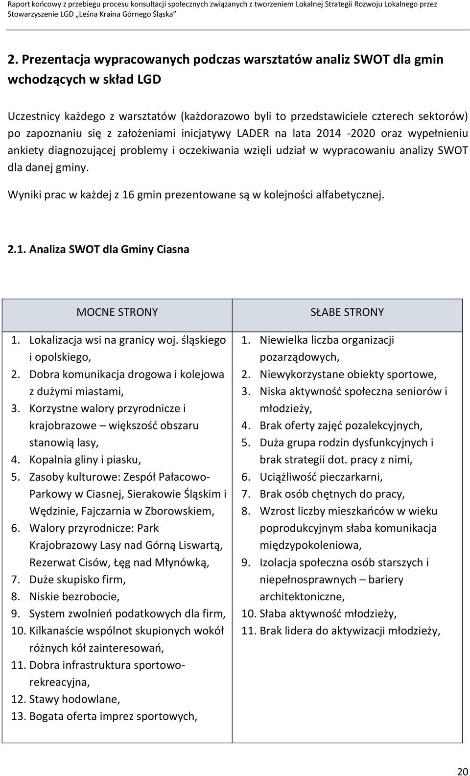 Wyniki prac w każdej z 16 gmin prezentowane są w kolejności alfabetycznej. 2.1. Analiza SWOT dla Gminy Ciasna MOCNE STRONY 1. Lokalizacja wsi na granicy woj. śląskiego i opolskiego, 2.