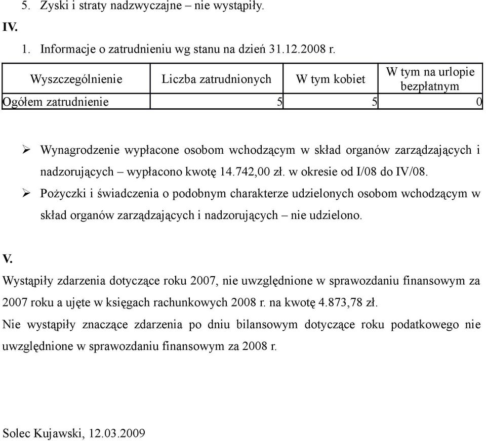 wypłacono kwotę 14.742,00 zł. w okresie od I/08 do IV/08. Pożyczki i świadczenia o podobnym charakterze udzielonych osobom wchodzącym w skład organów zarządzających i nadzorujących nie udzielono. V.