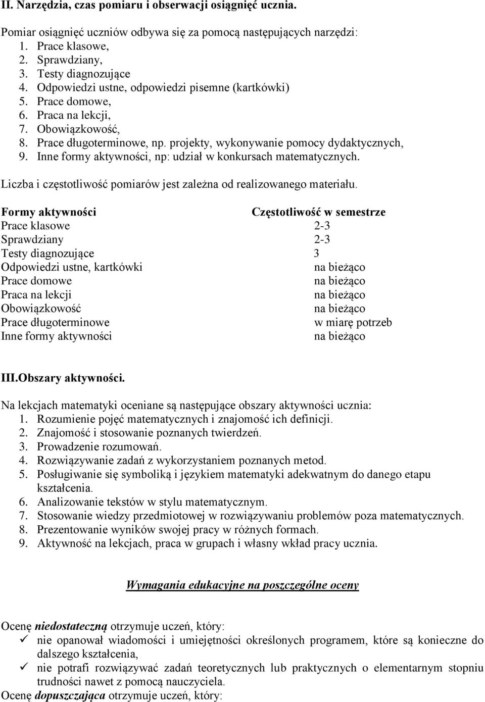 Inne formy aktywności, np: udział w konkursach matematycznych. Liczba i częstotliwość pomiarów jest zależna od realizowanego materiału.