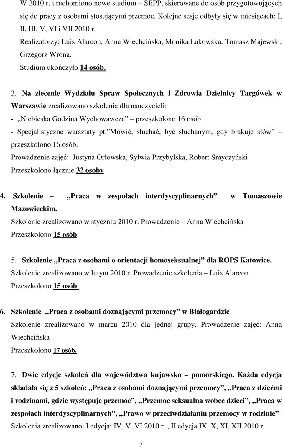 Na zlecenie Wydziału Spraw Społecznych i Zdrowia Dzielnicy Targówek w Warszawie zrealizowano szkolenia dla nauczycieli: - Niebieska Godzina Wychowawcza przeszkolono 16 osób - Specjalistyczne