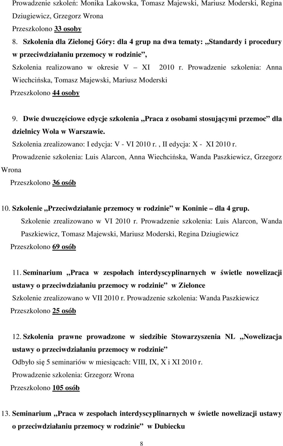 Prowadzenie szkolenia: Anna Wiechcińska, Tomasz Majewski, Mariusz Moderski Przeszkolono 44 osoby 9.