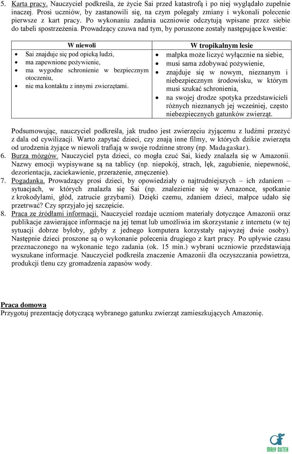 Prowadzący czuwa nad tym, by poruszone zostały następujące kwestie: W niewoli Sai znajduje się pod opieką ludzi, ma zapewnione pożywienie, ma wygodne schronienie w bezpiecznym otoczeniu, nie ma