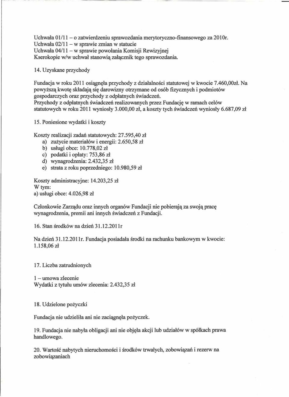 Uzyskane przychody Fundacja w roku 2011 osiągnęła przychody z działalności statutowej w kwocie 7.460,00zł.