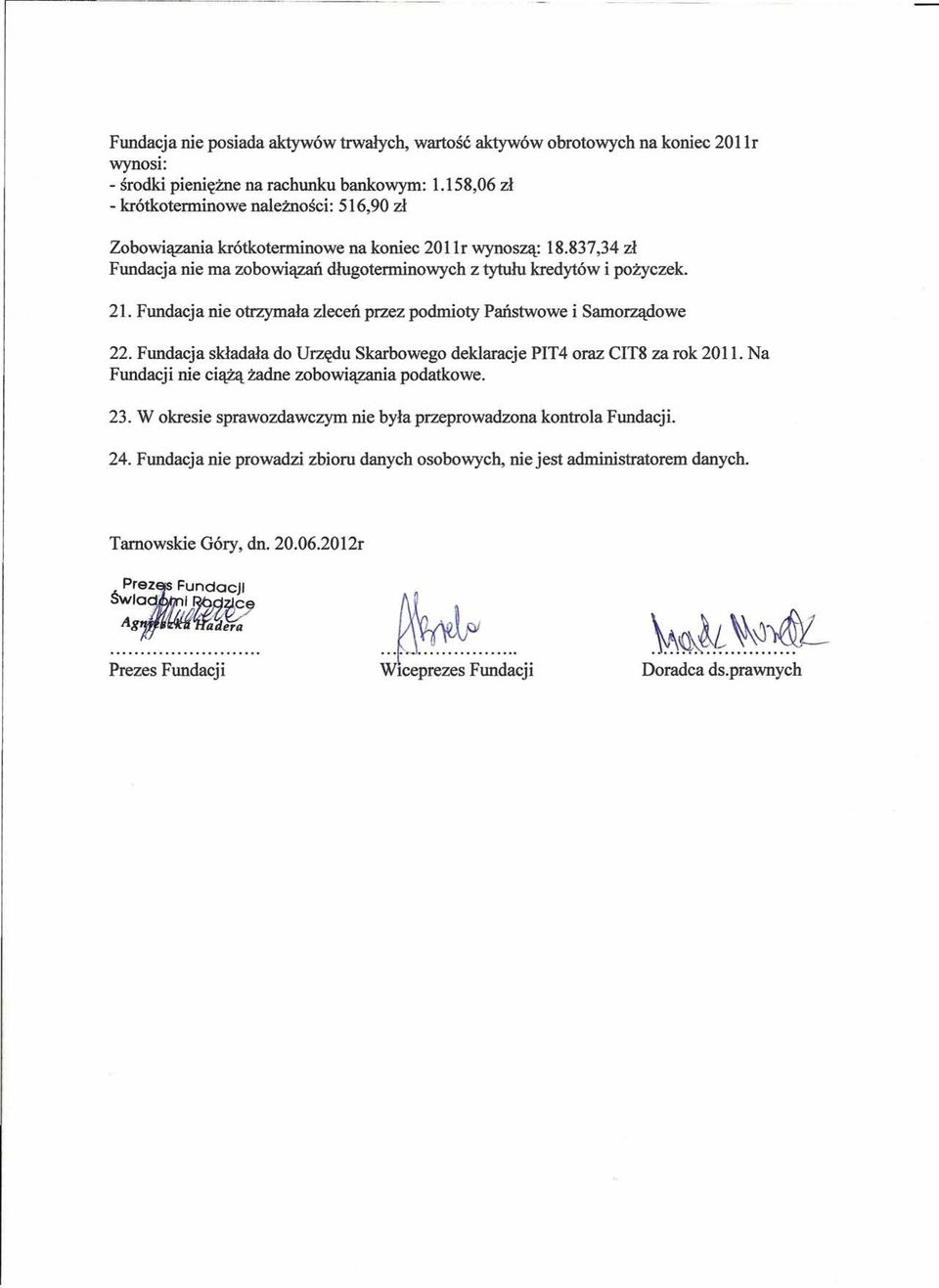 Fundacja nie otrzymała zleceń przez podmioty Państwowe i Samorządowe 22. Fundacja składała do Urzędu Skarbowego deklaracje PIT4 oraz CIT8 za rok 2011.