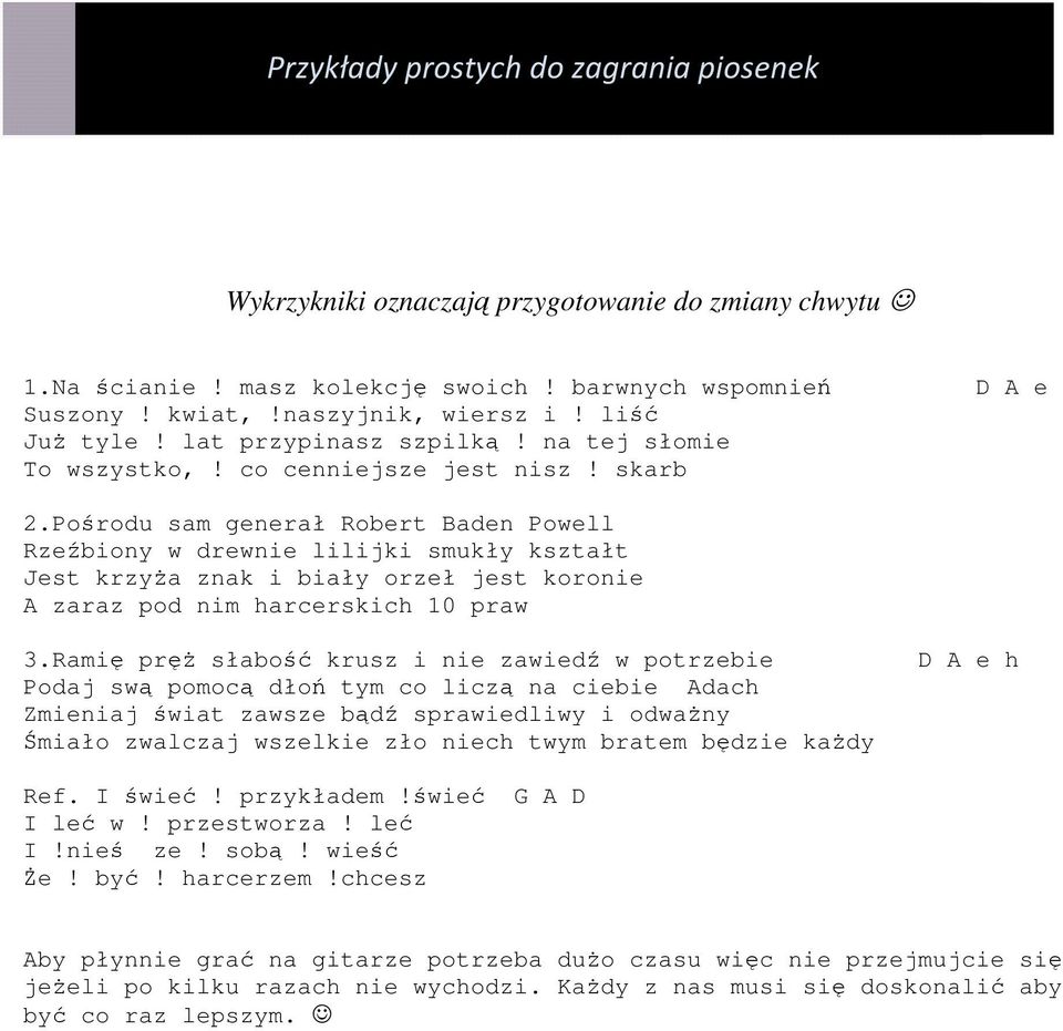 Pośrodu sam generał Robert Baden Powell Rzeźbiony w drewnie lilijki smukły kształt Jest krzyża znak i biały orzeł jest koronie A zaraz pod nim harcerskich 10 praw 3.