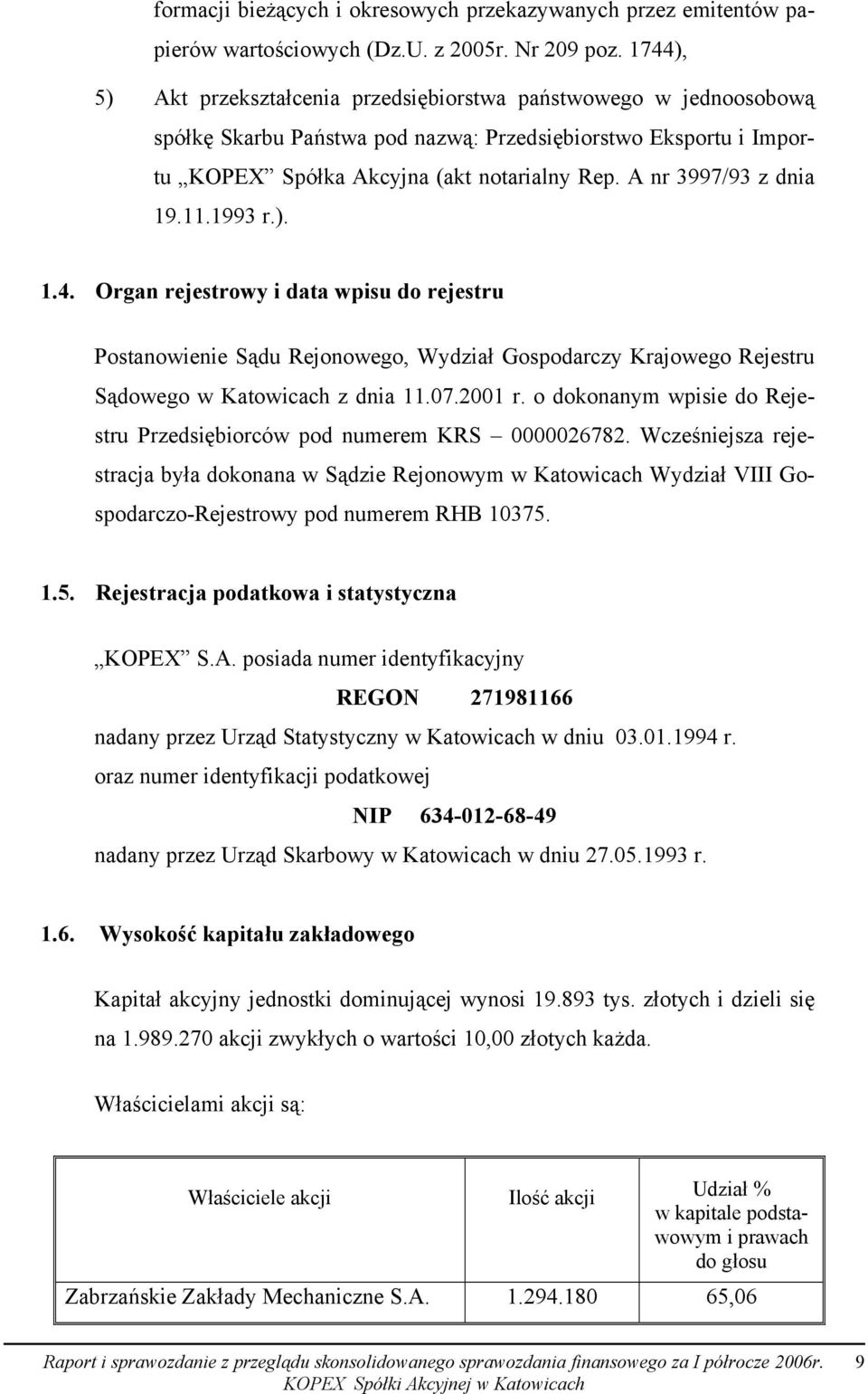 A nr 3997/93 z dnia 19.11.1993 r.). 1.4. Organ rejestrowy i data wpisu do rejestru Postanowienie Sądu Rejonowego, Wydział Gospodarczy Krajowego Rejestru Sądowego w Katowicach z dnia 11.07.2001 r.