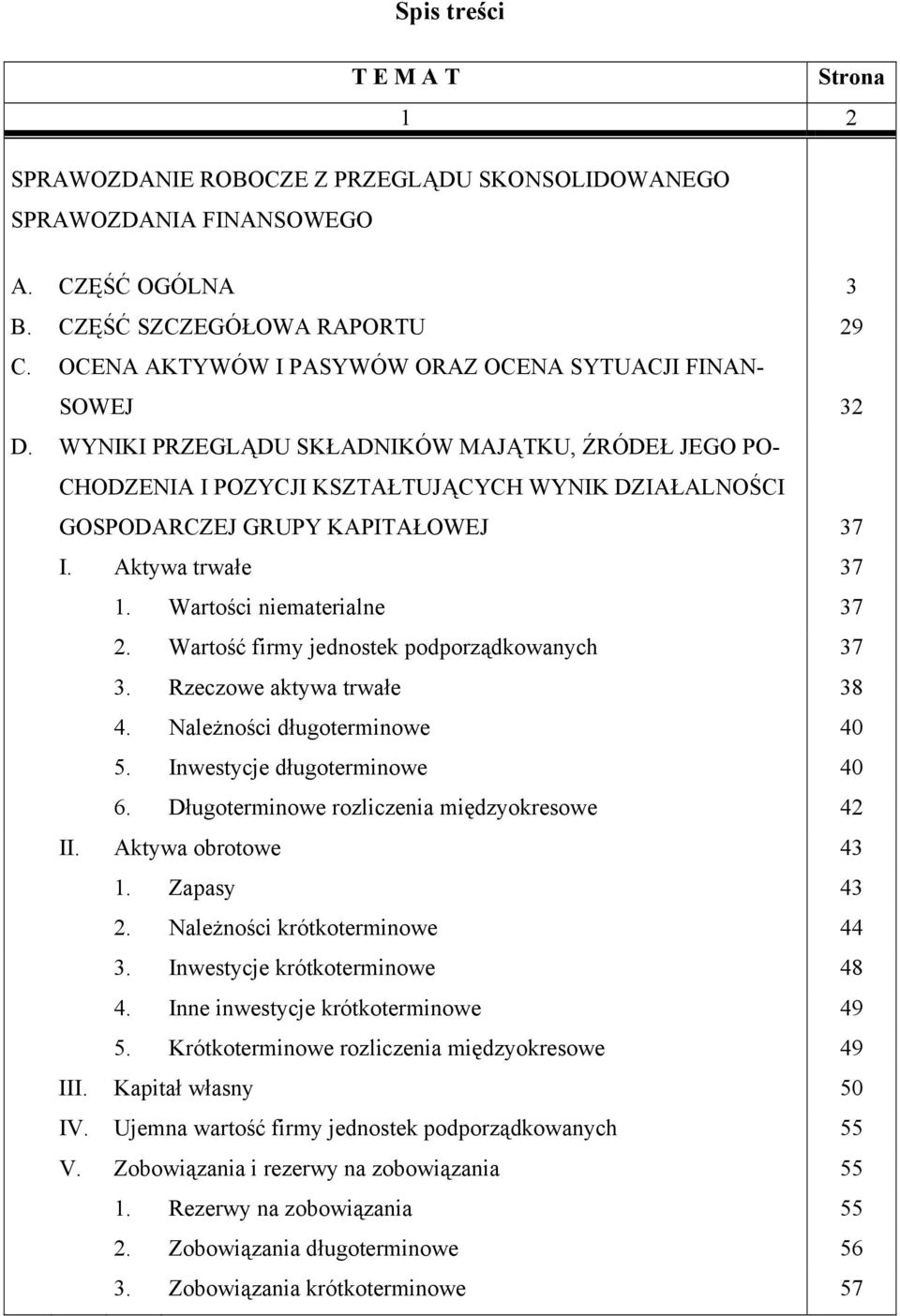 WYNIKI PRZEGLĄDU SKŁADNIKÓW MAJĄTKU, ŹRÓDEŁ JEGO PO- CHODZENIA I POZYCJI KSZTAŁTUJĄCYCH WYNIK DZIAŁALNOŚCI GOSPODARCZEJ GRUPY KAPITAŁOWEJ 37 I. Aktywa trwałe 37 1. Wartości niematerialne 37 2.
