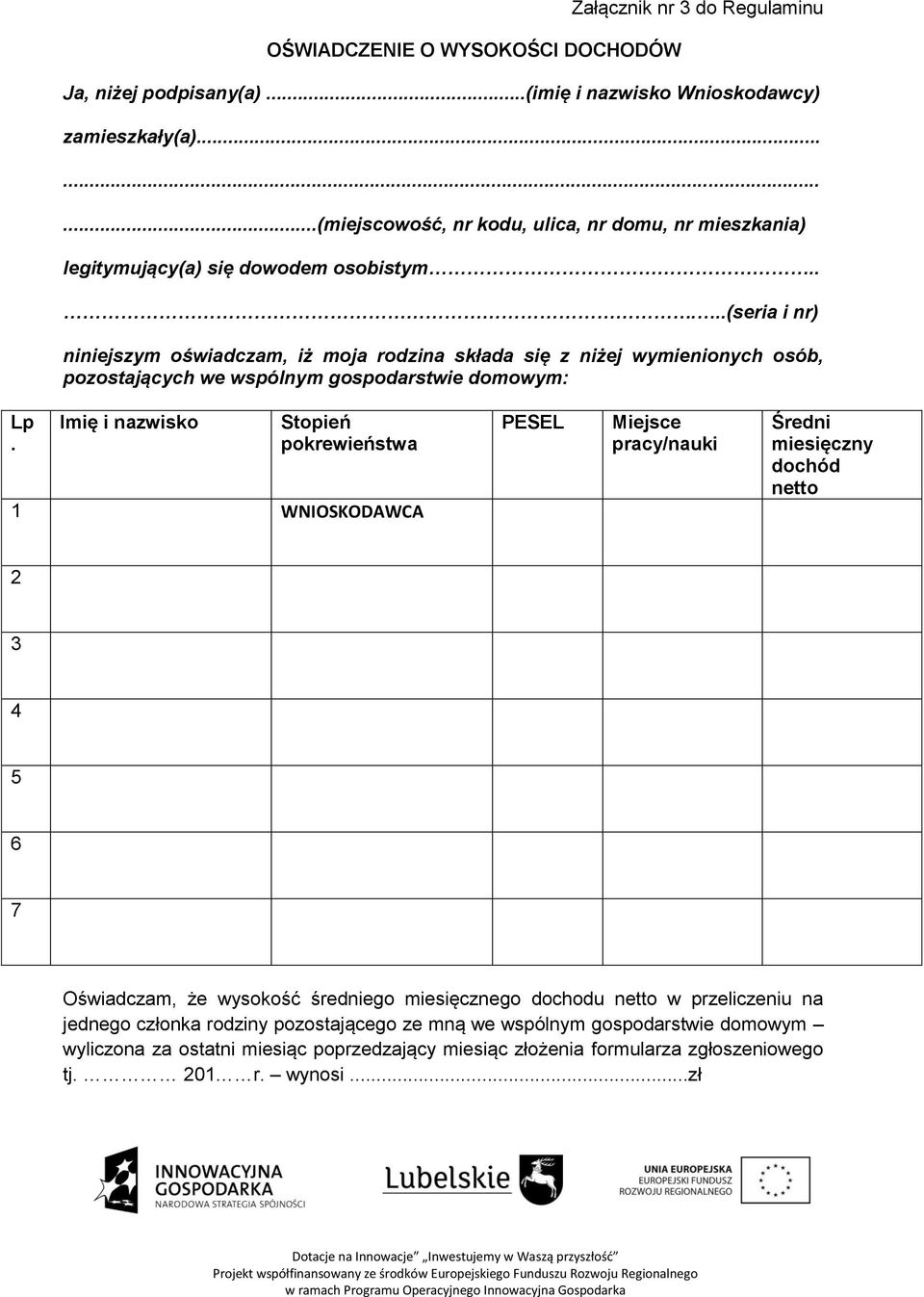 ....(seria i nr) niniejszym oświadczam, iż moja rodzina składa się z niżej wymienionych osób, pozostających we wspólnym gospodarstwie domowym: Lp.