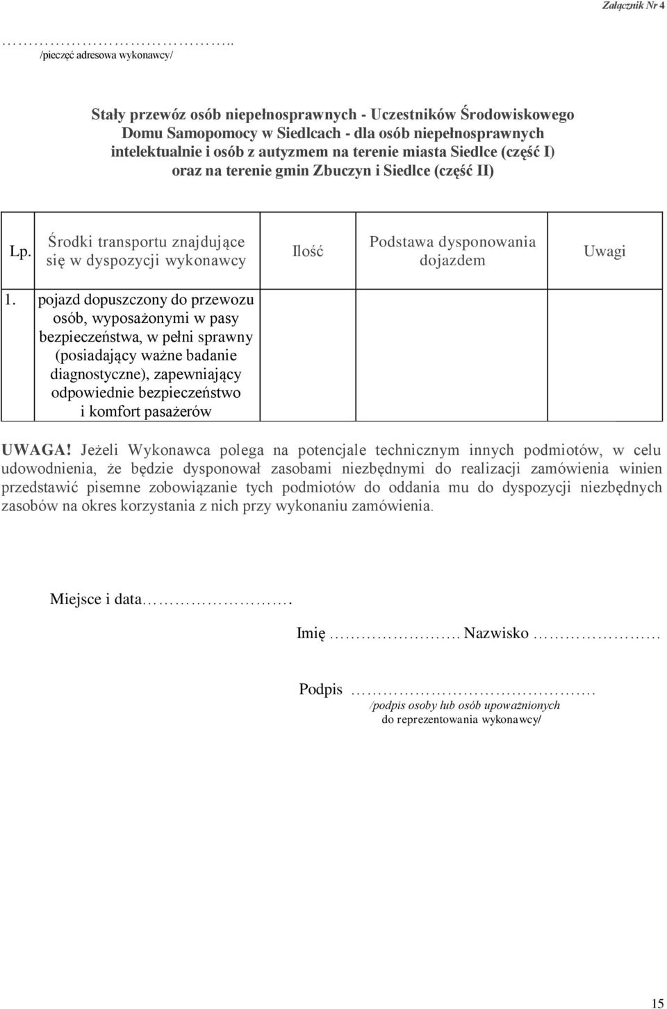 miasta Siedlce (część I) oraz na terenie gmin Zbuczyn i Siedlce (część II) Lp. Środki transportu znajdujące się w dyspozycji wykonawcy Ilość Podstawa dysponowania dojazdem Uwagi 1.