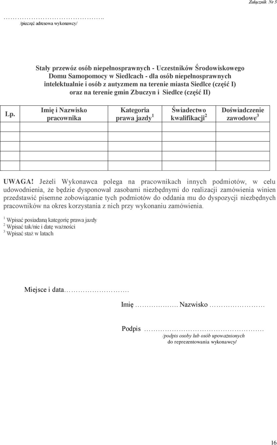 miasta Siedlce (część I) oraz na terenie gmin Zbuczyn i Siedlce (część II) Lp. Imię i Nazwisko pracownika Kategoria prawa jazdy 1 Świadectwo kwalifikacji 2 Doświadczenie zawodowe 3 UWAGA!