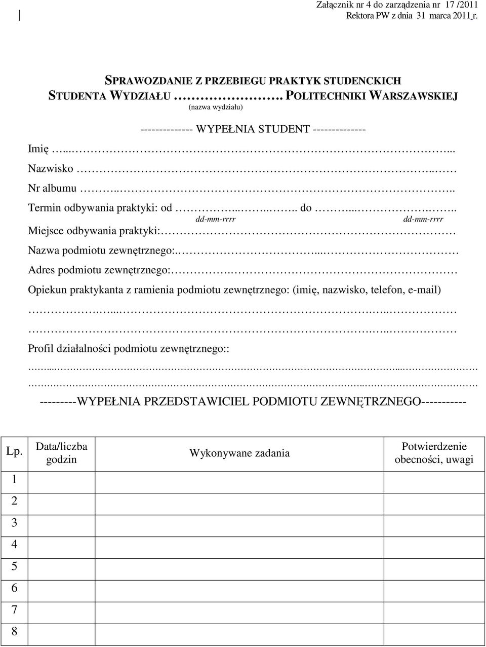 ..... dd-mm-rrrr dd-mm-rrrr Miejsce odbywania praktyki: Nazwa podmiotu zewnętrznego:.... Adres podmiotu zewnętrznego:.