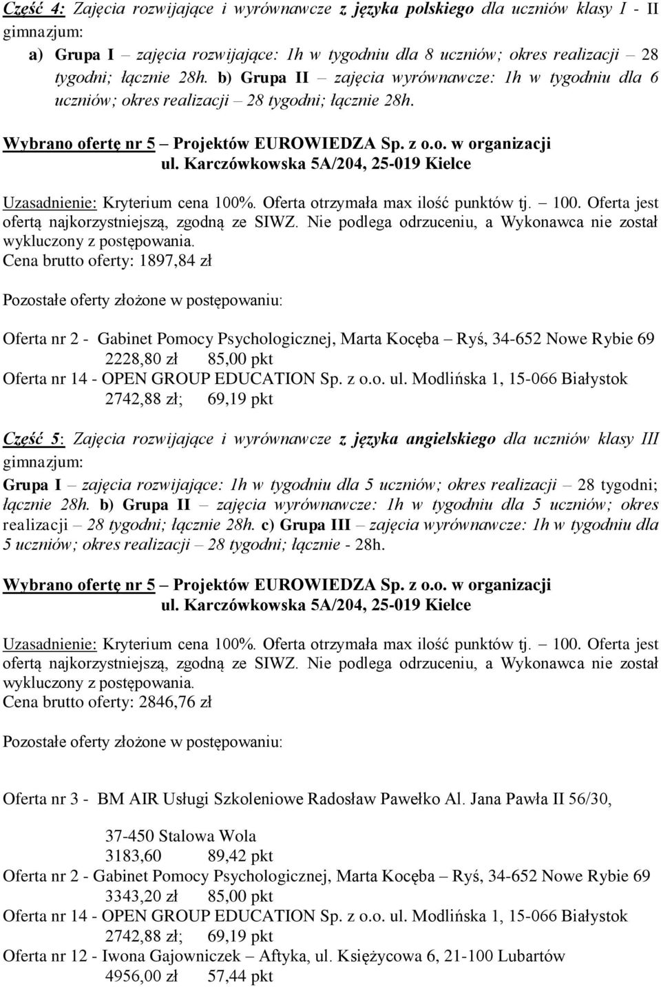 2228,80 zł 85,00 pkt Część 5: Zajęcia rozwijające i wyrównawcze z języka angielskiego dla uczniów klasy III gimnazjum: Grupa I zajęcia rozwijające: 1h w tygodniu dla 5 uczniów; okres realizacji 28