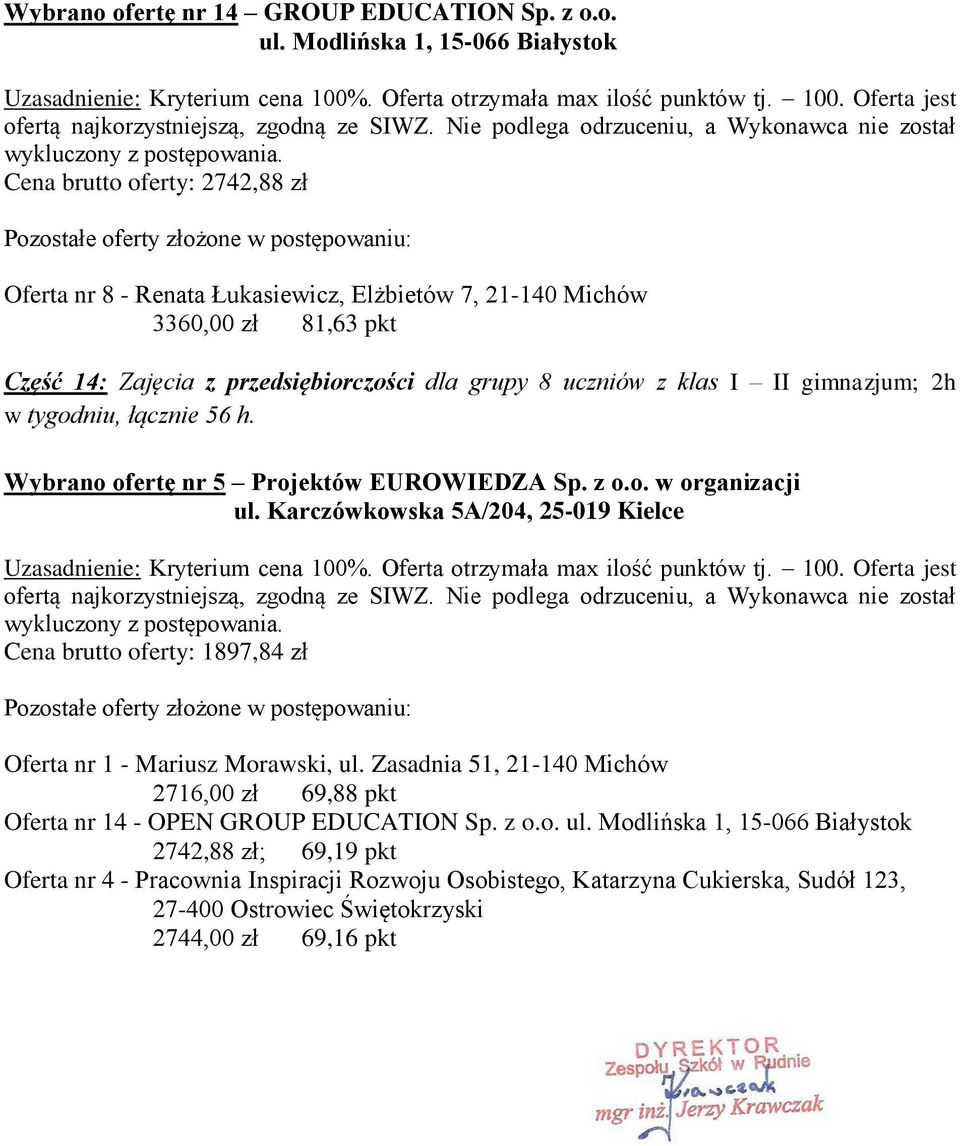 zł 81,63 pkt Część 14: Zajęcia z przedsiębiorczości dla grupy 8 uczniów z klas I II gimnazjum; 2h w tygodniu, łącznie 56 h.