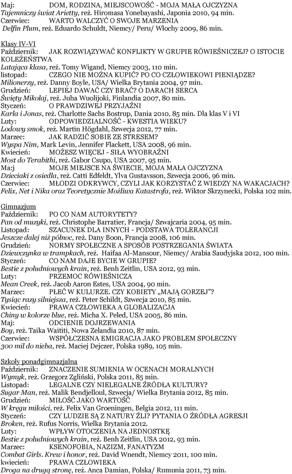 listopad: CZEGO NIE MOŻNA KUPIĆ? PO CO CZŁOWIEKOWI PIENIĄDZE? Milionerzy, reż. Danny Boyle, USA/ Wielka Brytania 2004, 97 min. LEPIEJ DAWAĆ CZY BRAĆ? O DARACH SERCA Święty Mikołaj, reż.