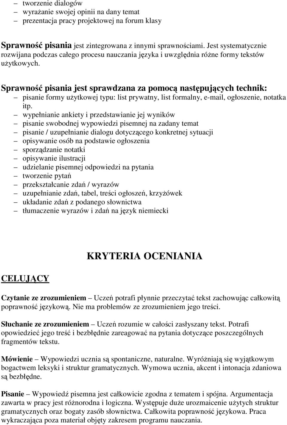 Sprawność pisania jest sprawdzana za pomocą następujących technik: pisanie formy użytkowej typu: list prywatny, list formalny, e-mail, ogłoszenie, notatka itp.