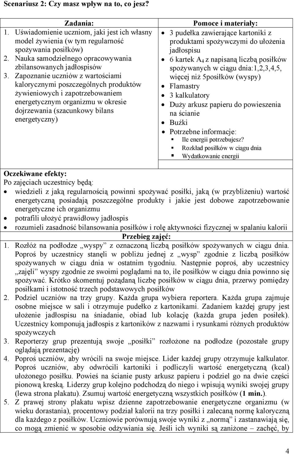 Zapoznanie uczniów z wartościami kalorycznymi poszczególnych produktów żywieniowych i zapotrzebowaniem energetycznym organizmu w okresie dojrzewania (szacunkowy bilans energetyczny) Pomoce i