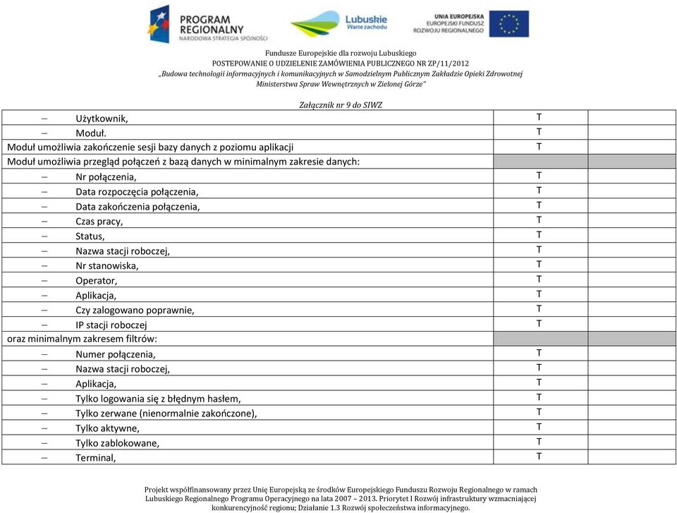 połączenia, Data rozpoczęcia połączenia, Data zakończenia połączenia, Czas pracy, Status, Nazwa stacji roboczej, Nr stanowiska, Operator, Aplikacja, Czy