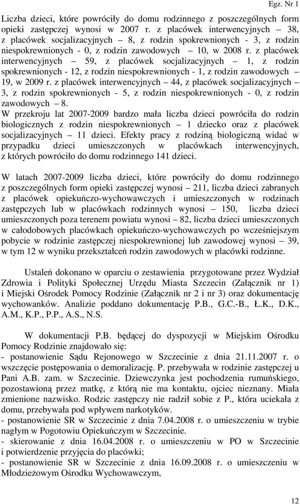 z placówek interwencyjnych 59, z placówek socjalizacyjnych 1, z rodzin spokrewnionych - 12, z rodzin niespokrewnionych - 1, z rodzin zawodowych 19, w 2009 r.