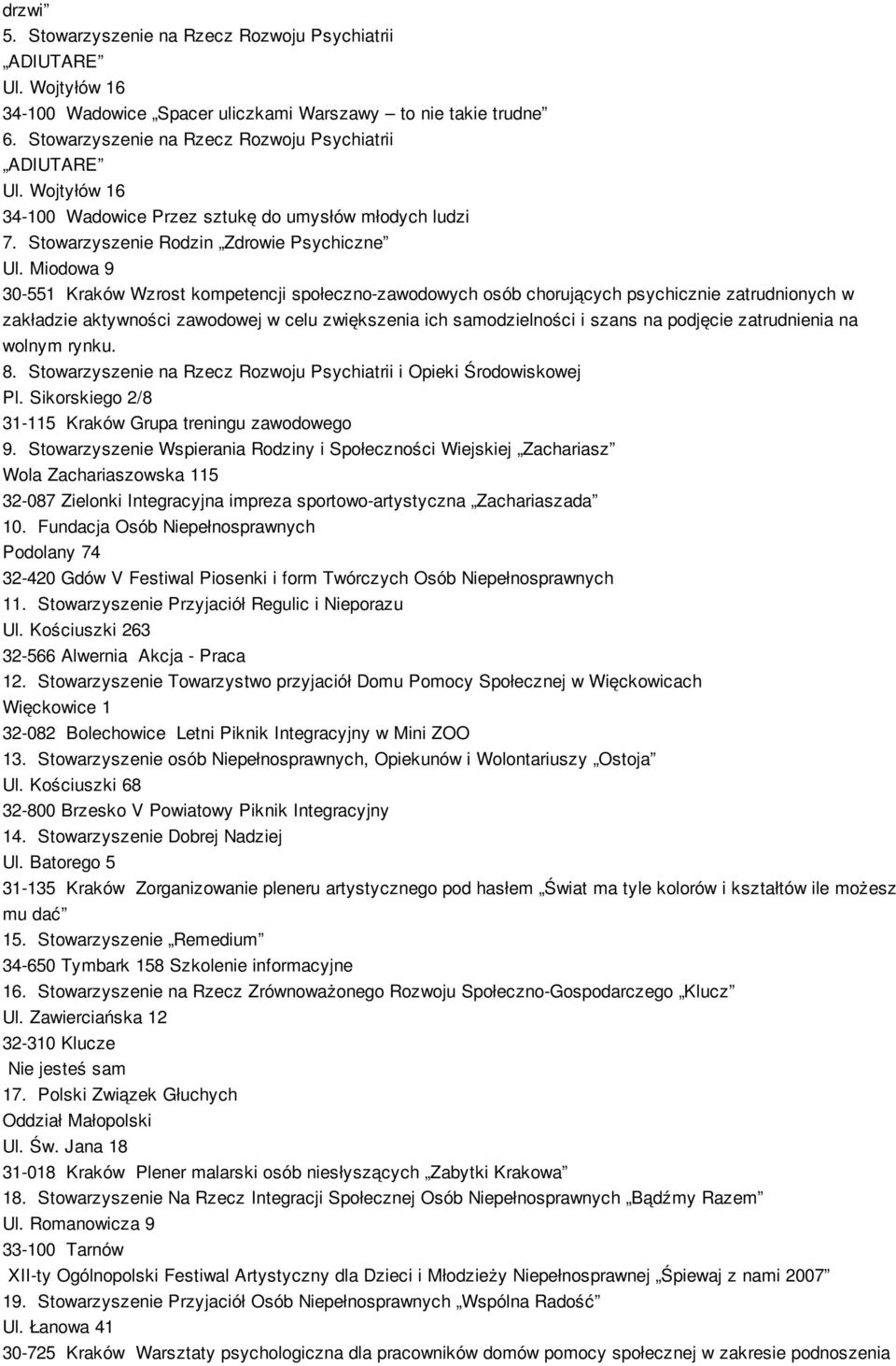 Miodowa 9 30-551 Kraków Wzrost kompetencji społeczno-zawodowych osób chorujących psychicznie zatrudnionych w zakładzie aktywności zawodowej w celu zwiększenia ich samodzielności i szans na podjęcie