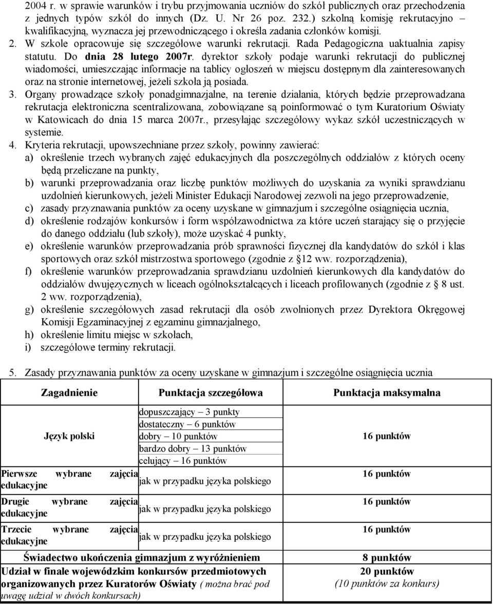 Rada Pedagogiczna uaktualnia zapisy statutu. Do dnia 28 lutego 2007r.