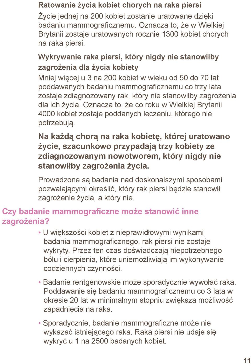 Wykrywanie raka piersi, który nigdy nie stanowiłby zagrożenia dla życia kobiety Mniej więcej u 3 na 200 kobiet w wieku od 50 do 70 lat poddawanych badaniu mammograficznemu co trzy lata zostaje