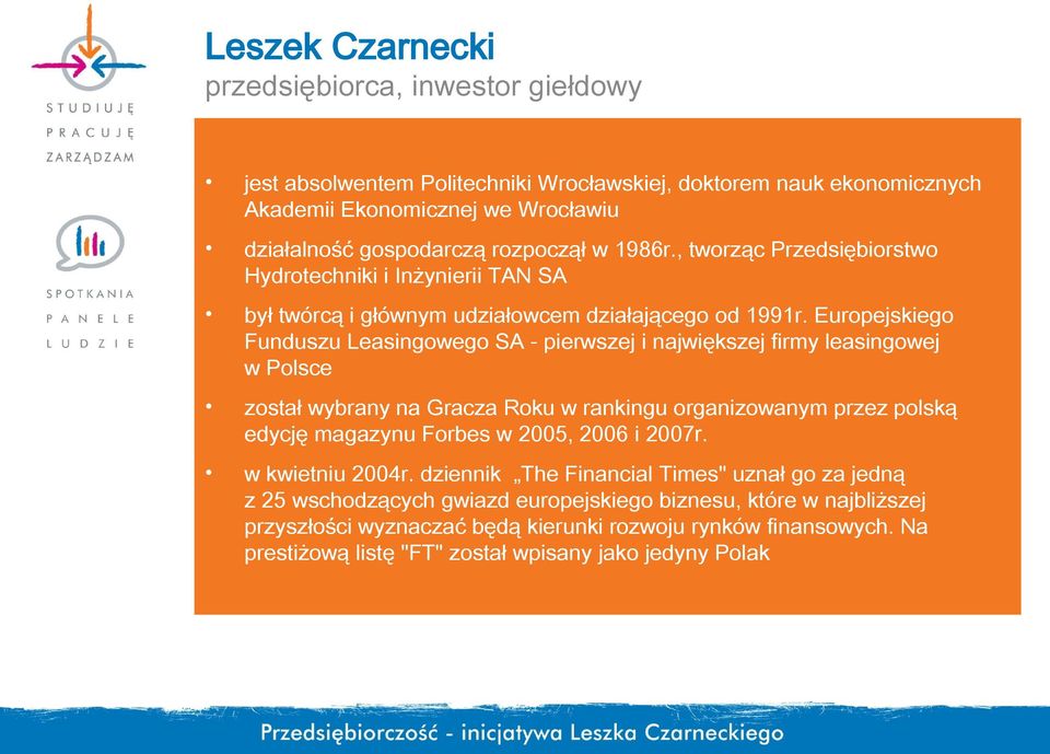 Europejskiego Funduszu Leasingowego SA - pierwszej i największej firmy leasingowej w Polsce został wybrany na Gracza Roku w rankingu organizowanym przez polską edycję magazynu Forbes w 2005,