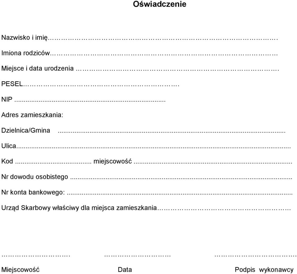 .. miejscowość... Nr dowodu osobistego... Nr konta bankowego:.