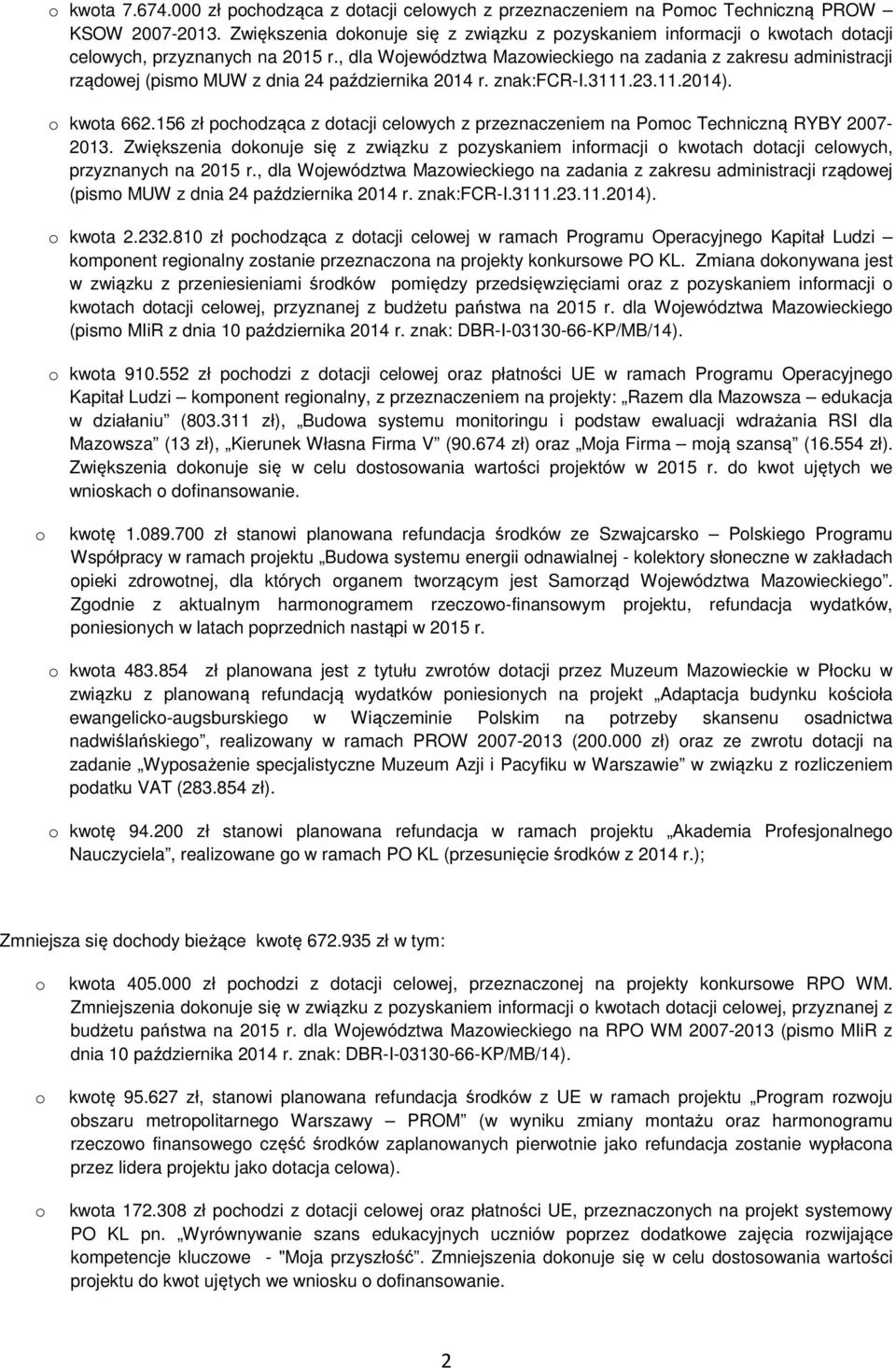 , dla Wjewództwa Mazwieckieg na zadania z zakresu administracji rządwej (pism MUW z dnia 24 października 2014 r. znak:fcr-i.3111.23.11.2014). kwta 662.