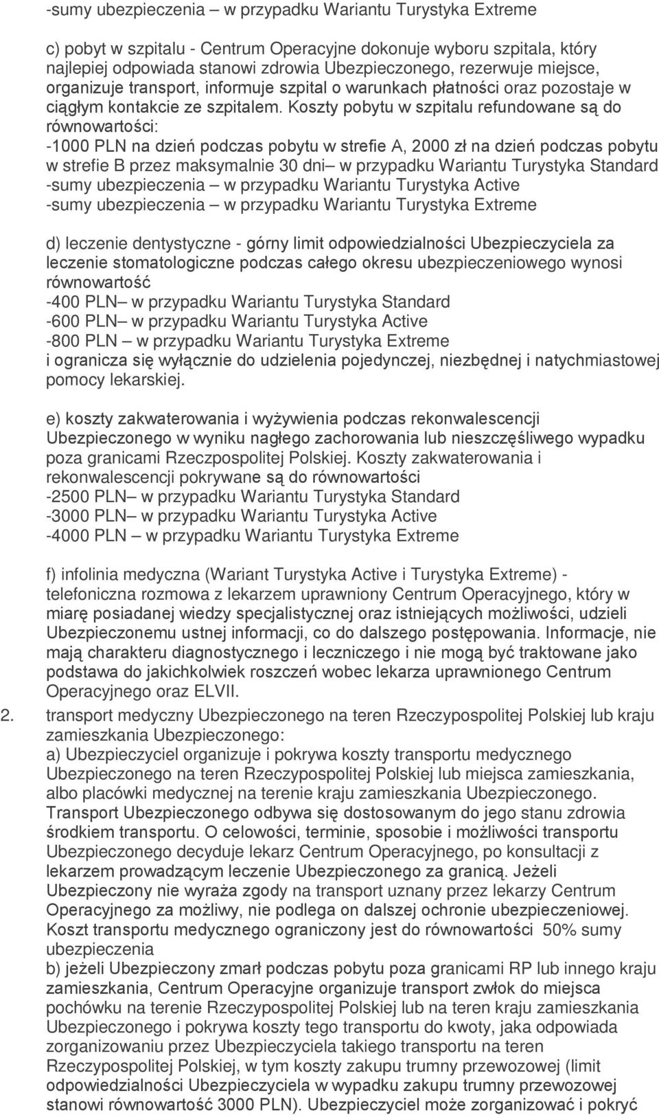 Koszty pobytu w szpitalu refundowane są do równowartości: -1000 PLN na dzień podczas pobytu w strefie A, 2000 zł na dzień podczas pobytu w strefie B przez maksymalnie 30 dni w przypadku Wariantu